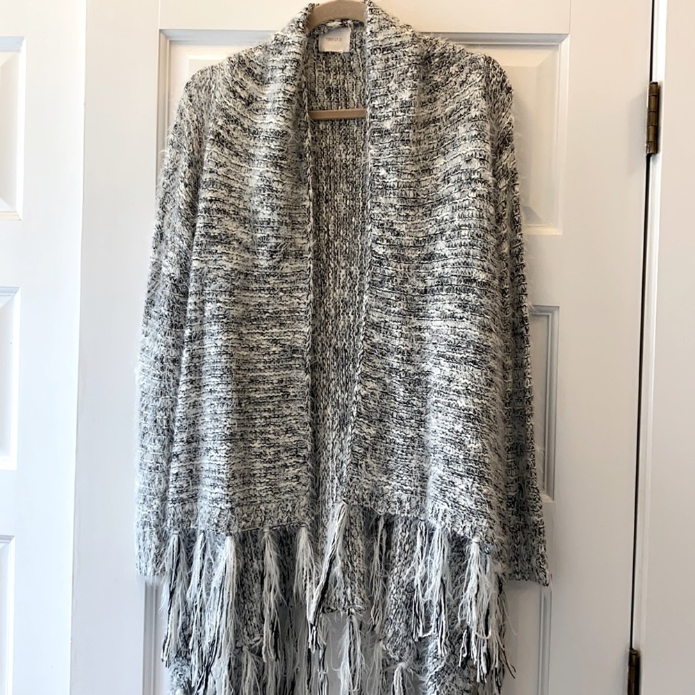 Black and white fuzzy open cardigan